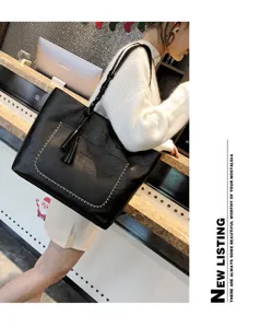 Fashion Women Black PU Leather Tote Bag Large Capacity Shoulder Bag with Tassel and Stitching