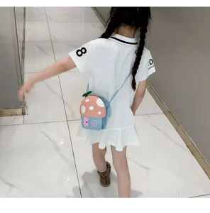 Cute cartoon mushroom house crossbody bag for kids, lovely summer style detail shot.