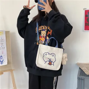 Cute canvas tote bag, Japanese cartoon bear crossbody bag, casual student shoulder bag.