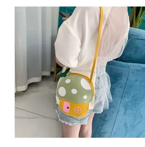 Cute cartoon mushroom crossbody bag for kids, stylish PU leather shoulder bag for girls.