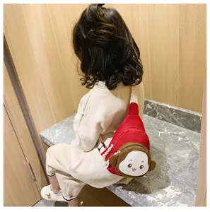 Kids red canvas chest bag cute cartoon monkey sling bag casual shoulder bag for toddlers
