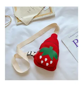 Cute strawberry canvas chest bag for kids, stylish red single shoulder crossbody backpack.