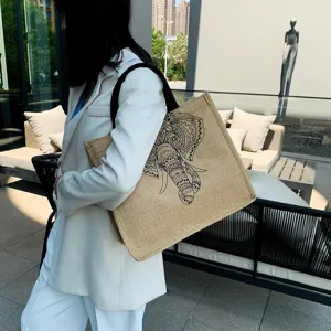 Cotton linen tote bag for women with ethnic elephant print, casual large capacity handbag.