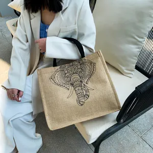 Cotton linen tote bag with black elephant print casual shopping handbag for women daily use