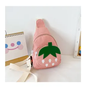 Children pink strawberry canvas chest bag detail, cute cartoon sling bag for little girls