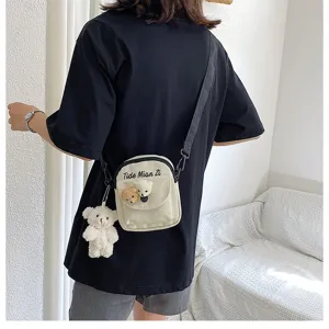 Canvas crossbody bag cute bear shoulder bag student summer phone bag casual small bag