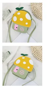 Kids cute mushroom house crossbody bag, cartoon yellow and green children shoulder handbag.