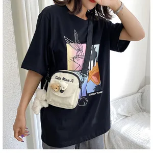Canvas crossbody bag for women cute small phone bag with cartoon bear pendant student summer