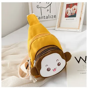 Cute canvas cartoon monkey chest bag for kids, stylish yellow crossbody bag daily outdoor.