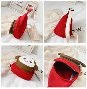 Kids canvas crossbody chest bag cute cartoon monkey design red shoulder bag for children