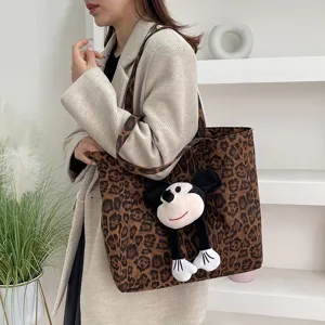 Women large capacity canvas tote bag autumn winter leopard print shoulder bag with cute doll
