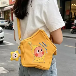 Children Yellow Canvas Crossbody Bag Cute Star Shape Cartoon Print Shoulder Bag With Strap Kids Daily Travel Bag