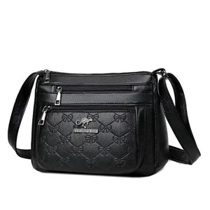 Women's soft leather shoulder bag stylish black multi-pocket crossbody bag for daily wear