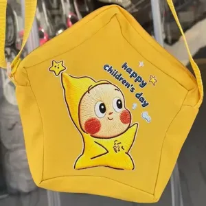 Cute yellow star crossbody bag for kids, adorable embroidered cartoon face daily use.