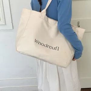 Large capacity canvas tote bag shoulder bag casual daily use cream white handbag for student