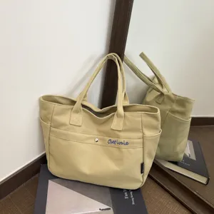 Beige canvas tote bag large capacity casual shoulder handbag for daily versatile commute