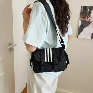 Women nylon crossbody bag with three stripes sporty casual black large shoulder bag main