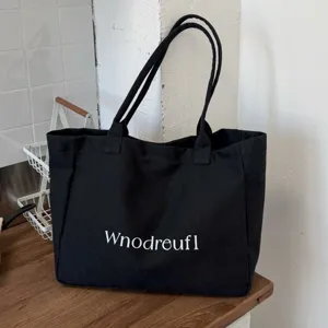 Black canvas tote bag for women large capacity casual shoulder bag daily shopping student bag