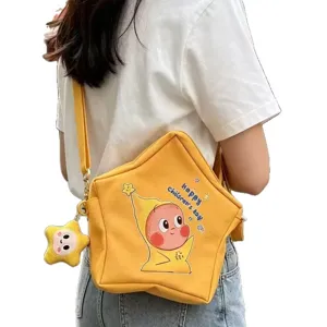 Yellow star shaped crossbody bag cute cartoon star print canvas shoulder bag for women