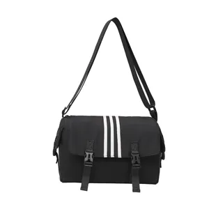 Black nylon crossbody messenger bag for women with three white stripes sporty casual style
