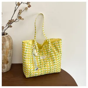 Borsa shopper in tela stile coreano, grande borsa a spalla con motivo a onde gialle per uso quot.