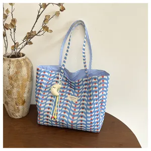 Borsa tote in tela blu con motivo a onde per donna, grande capacità borsa a spalla casual.