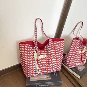 Borsa shopper in tela stile coreano, borsa a spalla grande da donna con motivo a onde rosse.