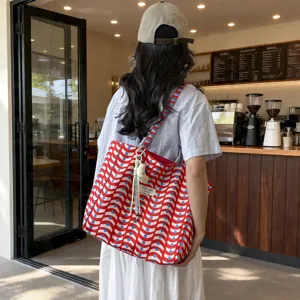 Grande borsa shopper in tela stile coreano da donna, motivo onda retro rosso e blu, borsa.