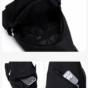Versatile black oxford cloth chest bag and backpack with multi-compartments and large capacity.