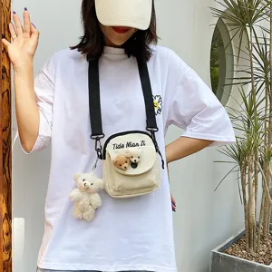 Cute cartoon bear canvas crossbody bag for women, casual student small shoulder phone bag.