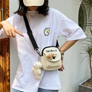 Cute canvas crossbody bag for women casual cute small bear shoulder bag summer phone bag