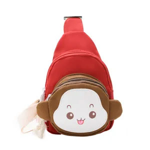 Cute cartoon monkey canvas kids chest bag, red crossbody sling bag with zipper.