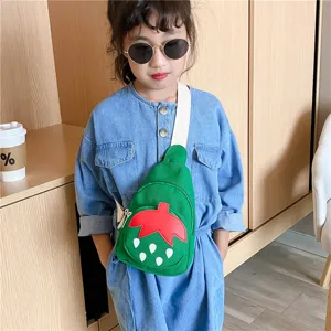 Cute strawberry canvas chest bag for little girls, trendy kids crossbody single shoulder bag.