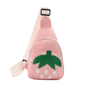 Cute strawberry canvas chest bag for kids, casual single shoulder cross-body bag in pink.