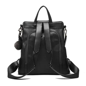 Stylish women black leather backpack casual convertible shoulder bag fashion daypack