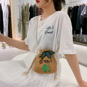 Cute cactus straw bucket bag womens casual crossbody woven handbag summer beach shoulder bag