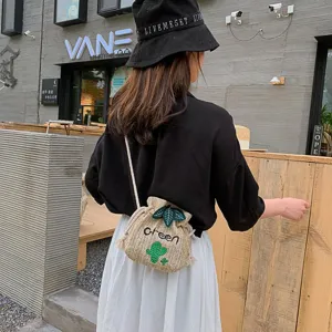 Woven straw bucket bag for women, cute cactus embroidery crossbody shoulder handbag casual.