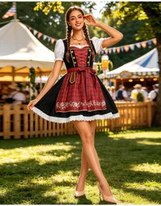Vue détaillée de la robe Dirndl bavaroise avec tablier floral brodé et corsage traditionnel.