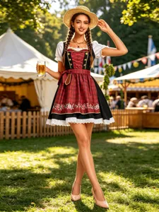 Robe Dirndl traditionnelle allemande pour Oktoberfest avec chemisier blanc et tablier.