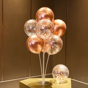 Rose gold balloon table stand kit with metallic and confetti balloons for party decor.