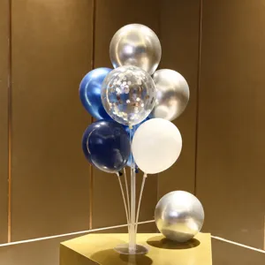 Detailed close-up of stylish blue and silver balloon table stand kit for party decoration.
