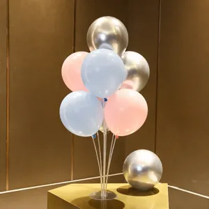 Balloon table stand kit with silver, pink and blue balloons for birthday party decor.