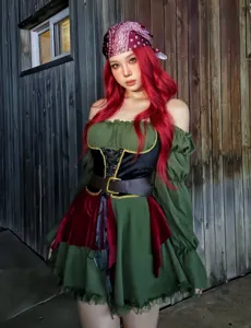 Medieval pirate costume detail view, retro women cosplay dress for Halloween carnival.