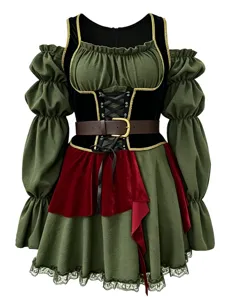 Detailed view of the medieval retro pirate dress, featuring velvet corset and puff sleeves.