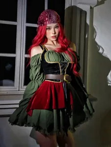 Medieval pirate captain costume dress detail, women vintage carnival cosplay outfit.