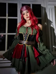 Retro women pirate captain costume dress for Halloween cosplay, medieval stage performance.