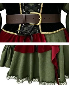 Medieval pirate dress costume detail shot showing vintage corset belt and layered skirt hem.
