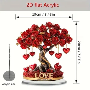 Ornamento piatto in acrilico 2D con albero di rose, cuori rossi sospesi e base d'amore.