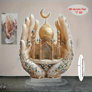 Squisito ornamento decorativo 2D in acrilico, design moschea e mani per arredamento.
