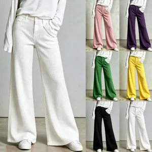 Women Waffle Knit Straight Wide Leg Pants Minimalist High Waist Casual Loose Trousers Solid Color Breathable Daily Bottoms